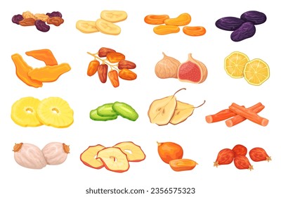 Frutas secas de dibujos animados. Razas secas aisladas dátiles frutos secos alimentos secos tentempiés, prunes mango albaricoques de uva plátano bayas higos limón aperitivos dulces nido ilustración vectorial