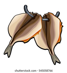 Cartoon dried river fish hanging on a steel wire. A great snack to beer isolated on a white background. Cartoon vector close-up illustration.
