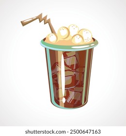 Cartoon drink with a straw. kola glass with ice cubes isolated. Vector illustration.