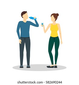 Dibujo de un hombre y una mujer que beben agua de un vaso y una botella Concepto de salud de diseño plano. Ilustración del vector