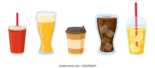 Cartoon drinks. Soft drinks, coffee, foamy beer, lemonade, soda pop and orange juice, tasty beverages flat vector illustration on white background