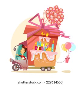 Cartoon driver with big gift, balloons, flowers and happy birthday cake. Happy birthday greeting card/banner/template
