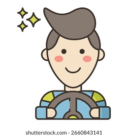 Cartoon Driver Character with Steering Wheel and Happy Expressio