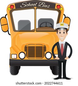 cartoon  driver in uniform and school bus