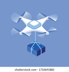 Cartoon drone with package box vector graphic illustration. Delivery service modern electronic device isolated. Flying gadget with propeller to fast cargo transportation. Postal courier technology