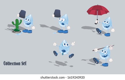 Cartoon drop of water in different poses. Set of vector illustrations.