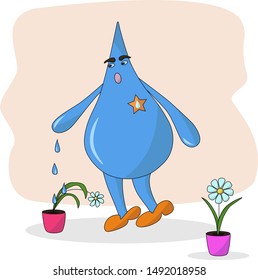 Cartoon drop of water watering flowers