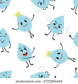 Cartoon drops seamless pattern. Water drop, different funny blue liquid characters. Print for fabric textile, wrapping, wallpaper, classy vector background