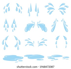 Cartoon drops of sweat or tears vector illustrations set. Water droplets and puddles from crying or sweating isolated on white background. Sadness, sports, weather concept