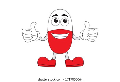 Cartoon drug concept, pill, red and white capsules, both hands of thumbs up, red shoes, cartoon character pill, Mascot design concept of white red pills Doing Ok hand Sign.