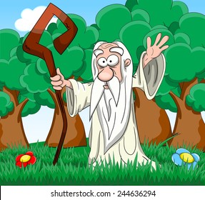 Cartoon druid at the forest
