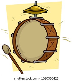 Cartoon drum and big drumstick on yellow background. Vector icon.