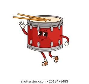 Cartoon drum groovy musical instrument character with sticks. Isolated vector funny percussion personage with drumsticks playing rhythmic music, promotes educational classes for kids with retro vibe