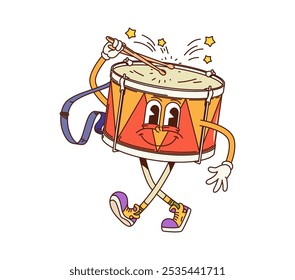 Cartoon drum groovy musical instrument character with sticks promotes educational classes for kids with retro vibe. Isolated vector funny percussion personage with drumsticks playing rhythmic music