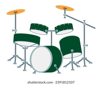 Cartoon Drum kit. Vector illustration of a drum set isolated on white background. Flat style music concept installation, Percussion Music Instrument. Cartoon Drums and Hi-hat Plate.