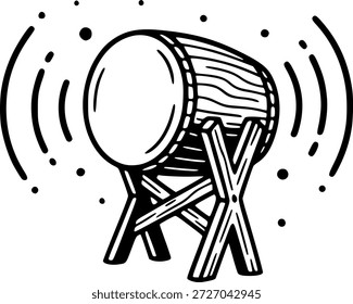 Um tambor de desenho animado em um suporte, emitindo ondas sonoras e vibrações.