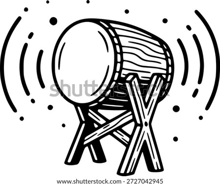 A cartoon drum on a stand, emitting sound waves and vibrations.