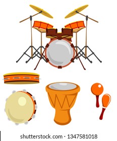 Cartoon drums. Musical drum instruments. Music instrument, philharmonic orchestra classic drumming instrumentation. Drum, maracas and tambourine vector isolated icons collection