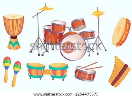 Cartoon drums. Musical drum instruments. Music instrument, philharmonic orchestra classic drumming instrumentation. Acoustic bongo, maracas and tambourine vector isolated icons collection