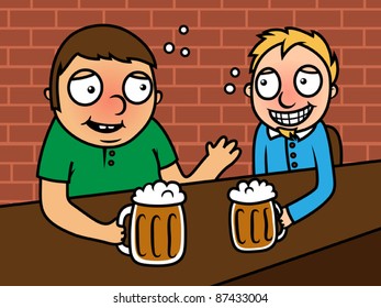 Cartoon drunk alcoholic men sitting in a bar and drinking beer, vector illustration