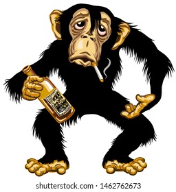 cartoon drunk chimpanzee great ape holding empty bottle of alcohol and smoking a cigarette. Chimp monkey alcoholic. Isolated vector illustration