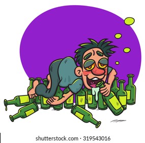 Cartoon Drunk Guy Lying  On Alcohol Bottles On The Floor, illustration  