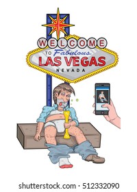 cartoon drunk guy vector art laying  on Las Vegas sign