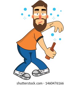 Cartoon drunk man with beer bottle