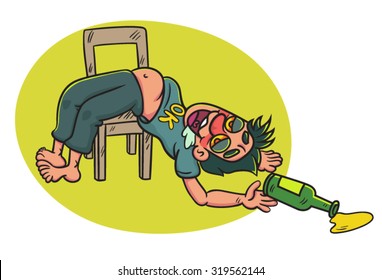 Cartoon Drunk Man with bottle Lying on a Chair, illustration  