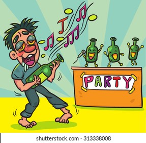 Cartoon Drunk man with bottle  singing and dancing  in Party, illustration  