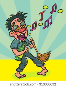 Cartoon Drunk man with bottle  singing and dancing, illustration  