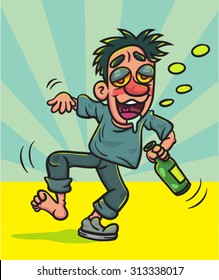 Cartoon Drunk man with bottle  walking, illustration 