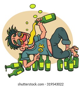 Cartoon Drunk Man Drinking Lying  On Alcohol Bottles On The Floor, illustration  