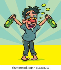 Cartoon Drunk man holding bottle, illustration  