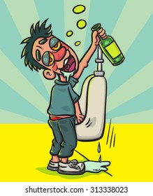 Cartoon Drunk man holding bottle while  peeing  in bathroom, illustration  