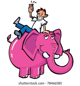 Cartoon drunk man riding a pink elephant. Isolated on white