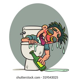 Cartoon Drunk man and toilet, illustration  