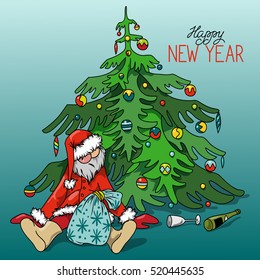 Cartoon Drunk Santa Claus with gifts under the Christmas tree, hand-drawn vector illustration