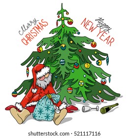 Cartoon Drunk Santa Claus with gifts under the Christmas tree, hand-drawn vector illustration.