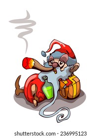 Cartoon Drunk Stoned Santa Claus Smoking in a Wasted State, Vector Illustration isolated on White Background. 