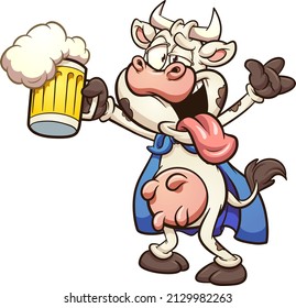 Cartoon drunk super cow holding a beer. Vector clip art illustration with simple gradients. All on a single layer.
