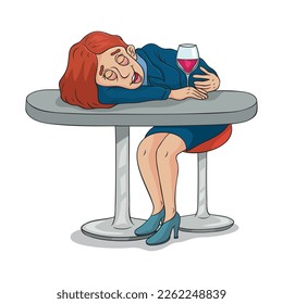 Cartoon drunk woman sleeping table, illustration vector 