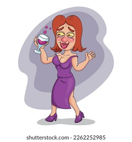 Cartoon drunken woman at party, illustration vector 