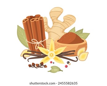 Cartoon dry cinnamon and spices composition. Christmas aromatic seasonings for mulled wine, tea, coffee and sweet bakery, ginger, vanilla, various peppers and bay leaf, vector condiment concept