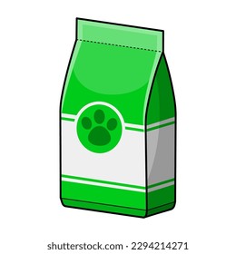 Cartoon dry food for dogs or cats. Care goods and accessories for pet shop. Supplies for feeding domestic animals. Colorful vector isolated illustration.