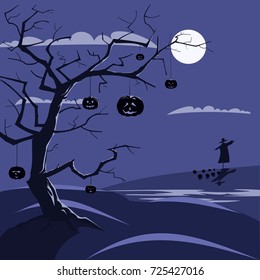 
Cartoon dry tree with pumpkins hanging on it, a scarecrow in the background, night, full moon. Halloween