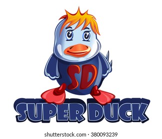 Cartoon duck. Baby duck. Duck character. Cute duckling in a suit with the letters SD. Character Super Duck isolated on white background.