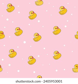 Cartoon duck bath on a pink background seamless pattern. Vector cartoon illustration for kids