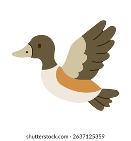 A cartoon duck with a beak is flying in the air. The duck is orange and white