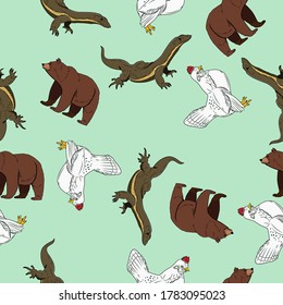 Cartoon Duck, Bear, Lizard. Animal Seamless Vector Pattern Design Background